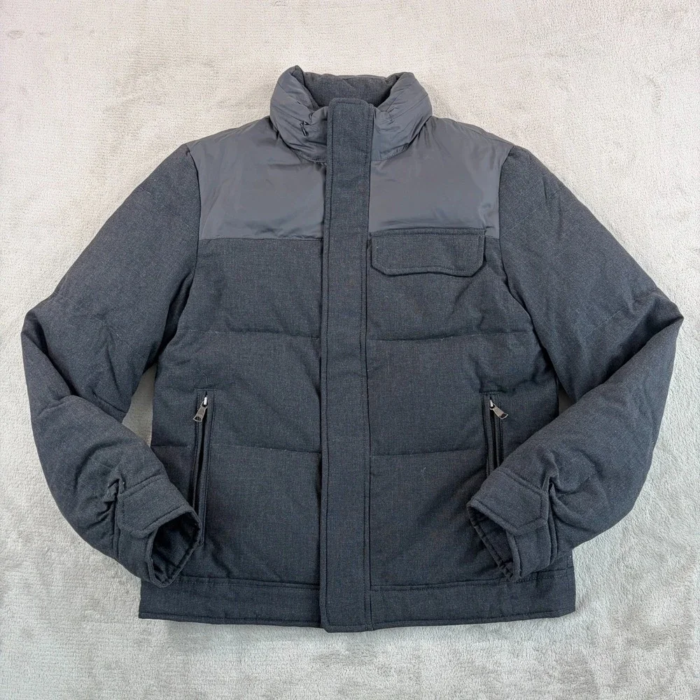 Banana Republic Down Puffer Jacket‎ Men Small Grey Wool Blend Hidden Hood Zip Up